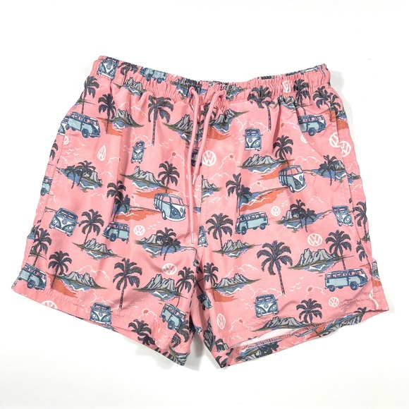 Volkswagen Pink Tropical Bus Print Swim Trunks Men Small Surf Beach Summer Retro